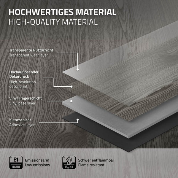 ML-Design Deluxe PVC Bodenbelag, Selbstklebende Vinyl-Dielen, Vinylboden, 91,5 cm x 15,3 cm x 2 mm, Dicke 2 mm, 6,69m²/48 Dielen, Eiche, Grau, Holzoptik, rutschfest, wasserfest, Einfache Verlegung