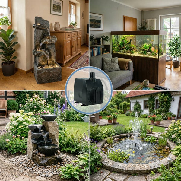 Schwarze Wasserpumpe für Zimmerbrunnen, Aquarien und Gartenbrunnen; Anwendungsbeispiele in Innenräumen und im Garten.