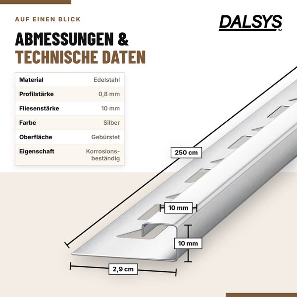 Dalsys Edelstahl Fliesenprofil gebürstet mit Bemaßung, 250 Zentimeter lang, 10 Millimeter Stärke, korrosionsbeständig für Fliesenabschlüsse.