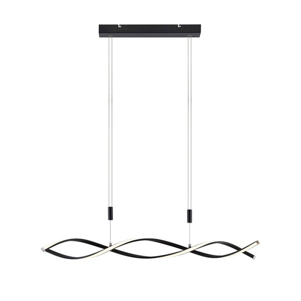 LED-Pendelleuchte mit zwei verschlungenen wellenförmigen Lichtelementen und schwarzer rechteckiger Deckenhalterung.