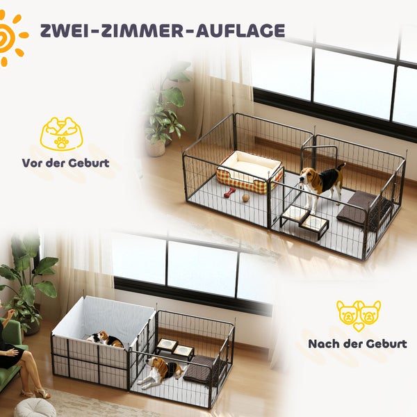 Metall-Welpengitter mit zwei Bereichen: vor der Geburt mit Hundebett und nach der Geburt mit stoffausgekleideter Wurfkiste für Hündin und Welpen.
