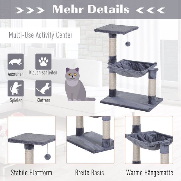 PawHut Kletterbaum Katzenbaum Kratzbaum mit Sisalsäule Plüsch-Hängematte Spanplatte Grau 50 x 36 x 70 cm
