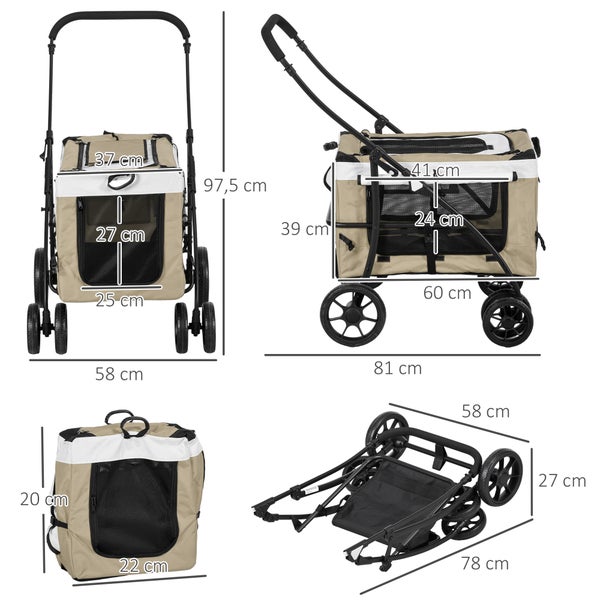 PawHut 2 in 1 Hundewagen Hundebuggy klappbar für Hunde & Katzen bis 10 kg Katzenbuggy mit Kissen Netzfenstern Türen Aufbewahrungskorb Katzenwagen Buggy Khaki
