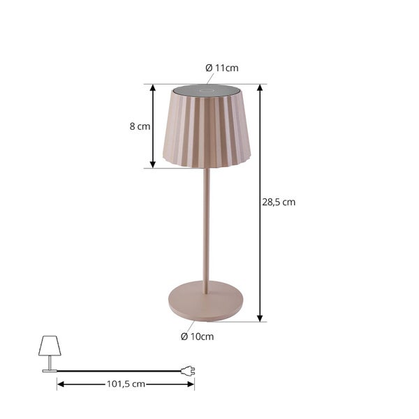 Tischleuchte: Höhe 28,5 Zentimeter, Schirmhöhe 8 Zentimeter, Durchmesser 11 Zentimeter, Fußdurchmesser 10 Zentimeter, Kabellänge 101,5 Zentimeter.