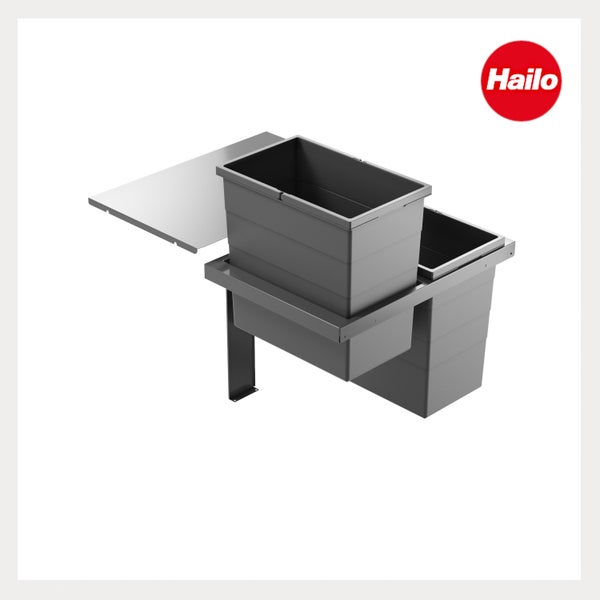 Hailo Abfalltrennsystem mit zwei grauen Kunststoffbehältern, Metallgestell und Ablage. Hailo Logo.