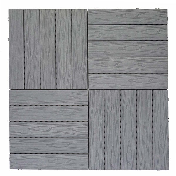 Klickfliese aus Holz-Kunststoff für Terrasse und Balkon mit Holzmaserung in Grau.