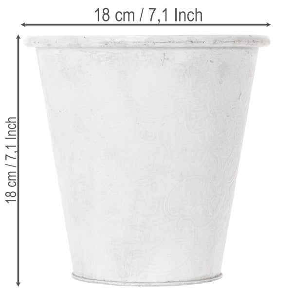 Konischer Übertopf mit geprägtem Muster, 18 Zentimeter hoch und 18 Zentimeter im Durchmesser.