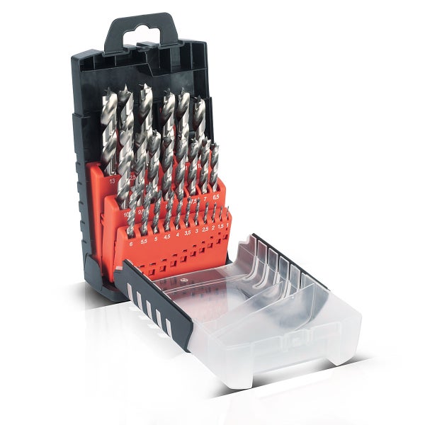 Metallbohrer-Set in einer schwarzen Kunststoffkassette mit silbernen Bohrern in orangefarbenen Halterungen.