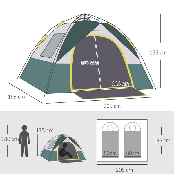 Outsunny Campingzelt, für 3 Personen, mit Heringen, 205 x 195 x 135 cm, Polyester, Grün