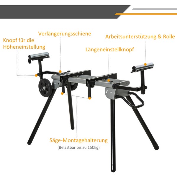 DURHAND Arbeitstisch für Kapp- und Gehrungssägen Sägengestell Kappsäge Stahl Schwarz+Silber Seitenverlängerung 123,5-245 cm