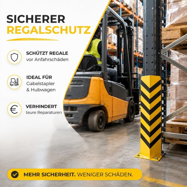 Regalschutz aus Stahl mit gelb-schwarzer Warnmarkierung an einem Lagerregal, im Hintergrund ein Gabelstapler im Einsatz.