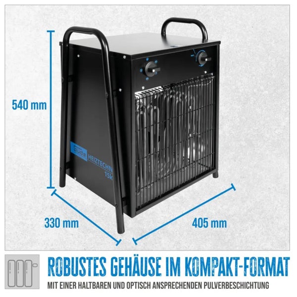 Elektrischer Heizlüfter mit den Maßen 540 mm Höhe, 330 mm Breite und 405 mm Tiefe.
