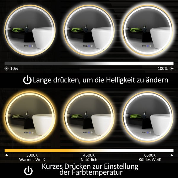 HOMCOM Runder Badspiegel mit Beleuchtung 60cm LED Beschlagfrei Wandspiegel mit Touchschalter Timer 3 Lichtfarben Badezimmerspiegel mit Zeit- und Temperaturanzeige Aluminiumrahmen IP44 für Badezimmer
