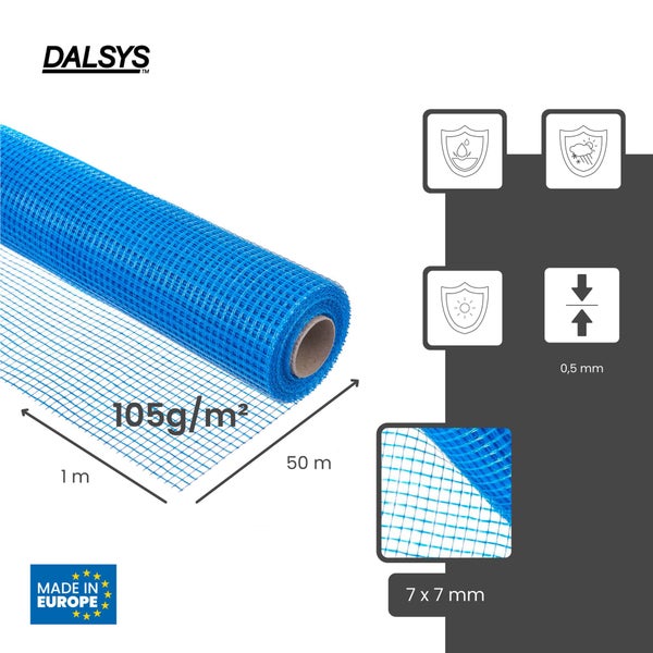 Dalsys Logo. Glasfasergewebe, 1 mal 50 Meter, 105 Gramm pro Quadratmeter, Maschenweite 7 mal 7 Millimeter. Wasser-, wetter- und UV-beständig.