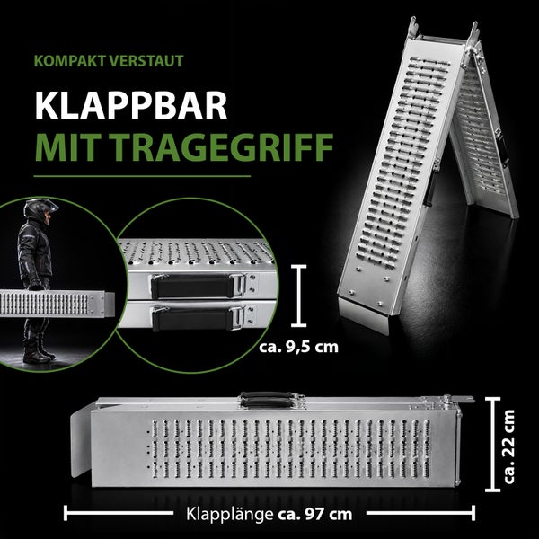 Klappbare Auffahrrampe aus Aluminium mit Tragegriff. Zusammengeklappt circa 97 Zentimeter lang, 22 Zentimeter breit und 9,5 Zentimeter hoch.
