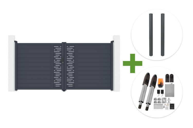 Zweiflügeliges Aluminium-Einfahrtstor inklusive Pfosten und elektrischem Torantrieb-Set.