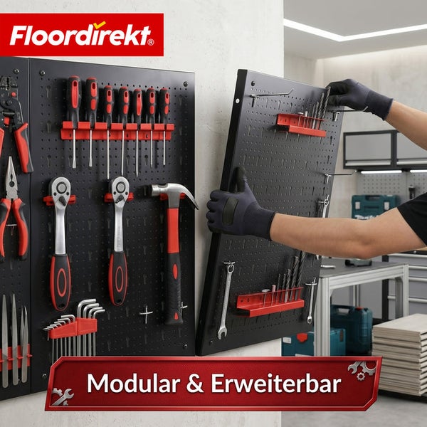 Modularer und erweiterbarer Werkzeugwand Organizer aus Metall für die Werkstatt mit verschiedenen Halterungen für Werkzeug. Floordirekt Logo.