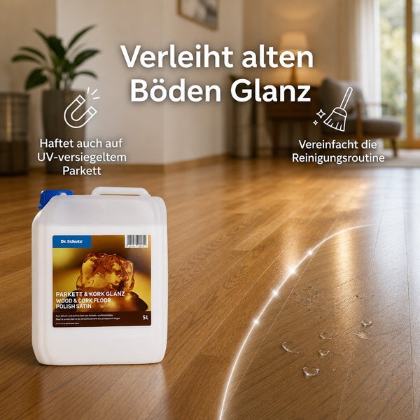 Dr Schutz Parkett und Kork Glanz im 5 Liter Kanister zur Pflege und Auffrischung von versiegelten Holz und Korkböden in einem Wohnraum.