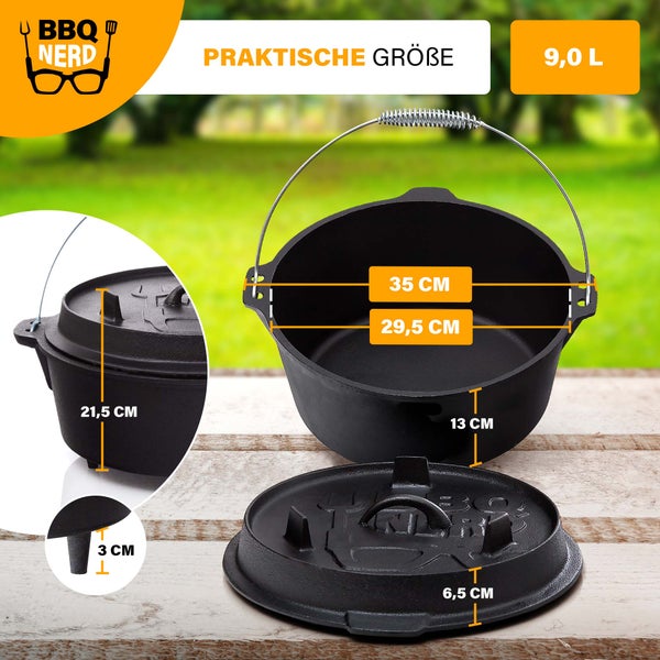 BBQ-Nerd Dutch Oven Professional 9,0L mit Füßen | bereits eingebrannt - preseasoned | Gusseisen Feuertopf mit Deckel und integr. Bratpfanne | Feuerfester Grill & Camping Kochtopf inkl. Deckelheber