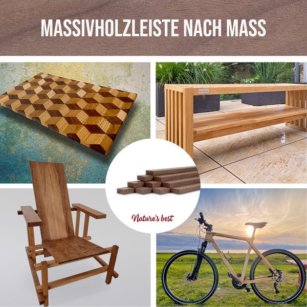 Collage verschiedener Produkte aus Massivholzleisten nach Maß, darunter ein Schneidebrett, eine Gartenbank, ein Holzstuhl und ein Fahrrad.