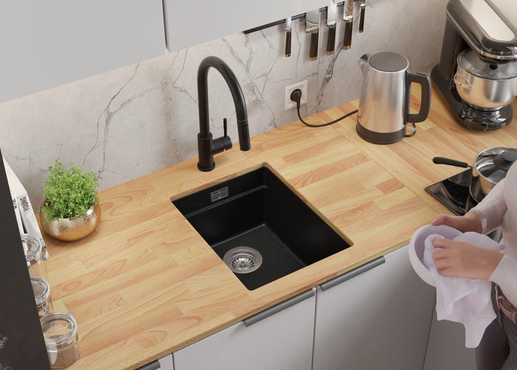 PRIMAGRAN Unterbauspüle Granit Anthrazit 36x47cm, Spülbecken 1 Becken + Ablauf-Set + Aufrollbare Abtropffläche, Granitspüle ab 40er Unterschrank - Praga
