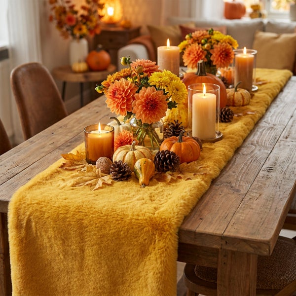 Herbstliche Tischdekoration auf einem Holztisch mit flauschigem Tischläufer, Kürbissen, Blumensträußen, Tannenzapfen und brennenden Kerzen.