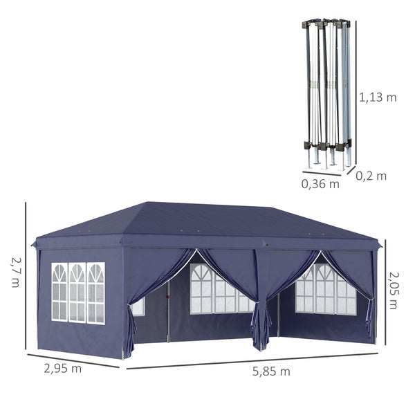 Outsunny Pavillon 5,85 x 2,95 m Gartenpavillon, Faltpavillon mit UV-Schutz, Partyzelt, Bierzelt mit Seitenwände, Fenster, Reißverschlusstüren, für Balkon, Stahl, Blau