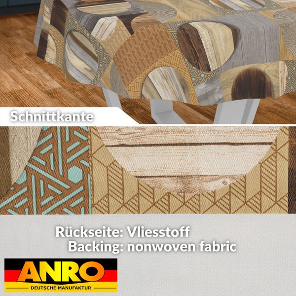 Tischdecke mit abstraktem Muster in Holzoptik. Detailansicht der Schnittkante und Rückseite aus Vliesstoff. ANRO Logo.