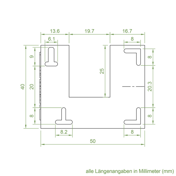 Technische Zeichnung eines U-förmigen Halteblechs mit Maßangaben in Millimeter für die Montage.