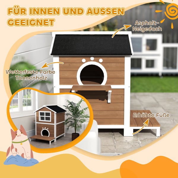PawHut Katzenhaus aus Holz Katzenhöhle mit Fenster, Balkon, Wetterfest Katzenhütte mit 2 Ebenen, herausnehmbarem Boden, für 1-2 Katzen, Indoor, Outdoor, 66 x 66 x 90 cm, Braun
