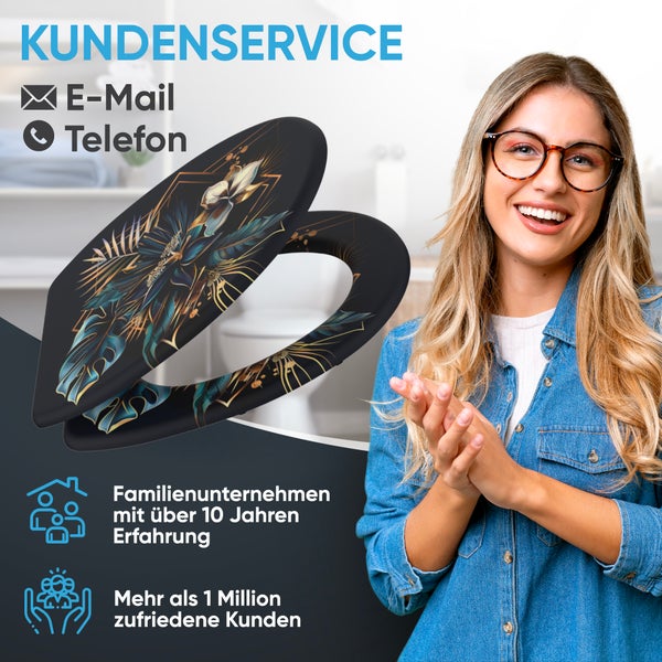 Kundenservice Informationen mit einem gemusterten Toilettensitz und einer lächelnden Frau
