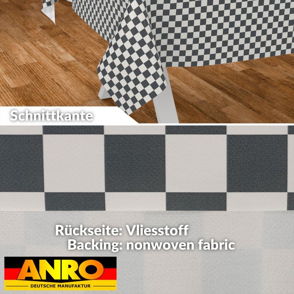 Karierte Tischdecke mit Schnittkante, Rückseite aus Vliesstoff und ANRO Logo.
