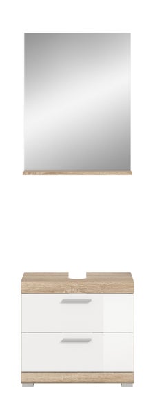 Badezimmermöbel-Set aus Waschbeckenunterschrank mit zwei weißen Hochglanz-Schubladen in Holzoptik und Spiegel auf Holzkonsole.