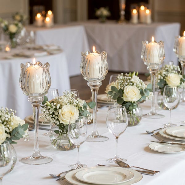Festlich gedeckter Tisch mit hohen Glas Kerzenhaltern, Stumpenkerzen und Blumenarrangements mit weißen Rosen in einer eleganten Atmosphäre.
