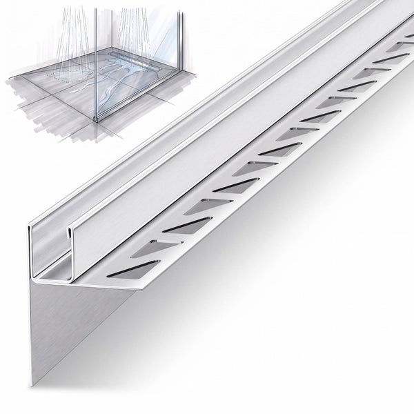Duschprofil aus Metall für den bodengleichen Einbau mit Fliesenanschluss, inklusive Skizze der Anwendung in einer bodengleichen Dusche.