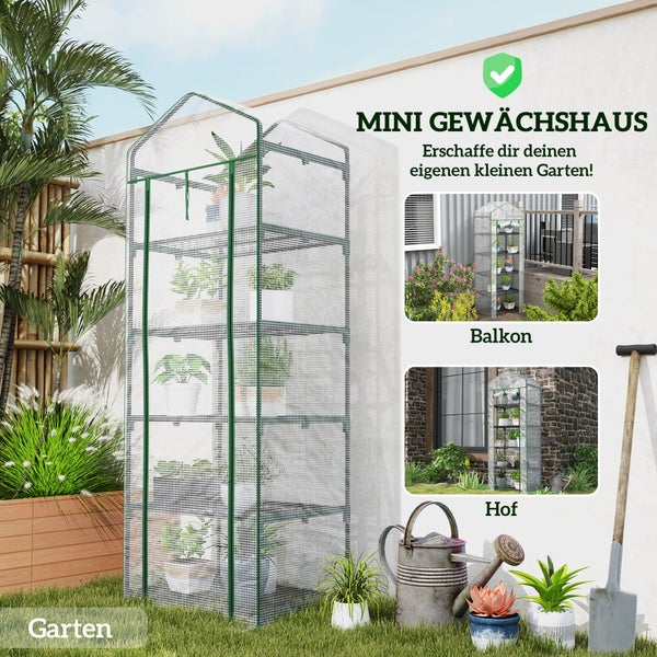 Outsunny Gewächshaus mit Rolltür, Regale, winterfest Foliengewächshaus aus Stahl, Treibhaus für Balkon, Garten, Tomatenhaus 69 x 49 x 193 cm, Tomatengewächshaus für Tomaten, Gemüse, Blumen, Weiß