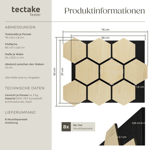 Technische Zeichnung eines Sets mit 8 sechseckigen Akustikpaneelen mit Maßangaben in Zentimetern, Materialdetails und tectake home Logo.