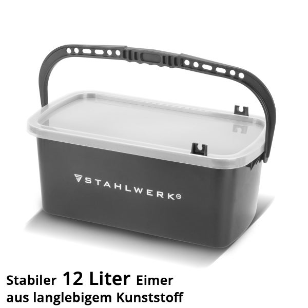 Stahlwerk Logo auf einem 12 Liter Eimer mit Deckel und Tragegriff