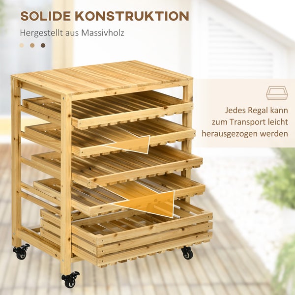 Outsunny Obsthalter mit Rädern, Gemüseregal mit 5 Regalen, Obstkorbständer, Aufbewahrungswagen, für Gemüse, Obst, bis 20 kg Belastbar, aus Tannenholz, Natur