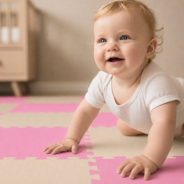 Kleinkind krabbelt auf einer Spielmatte aus ineinandergreifenden Schaumstoffteilen im Kinderzimmer.