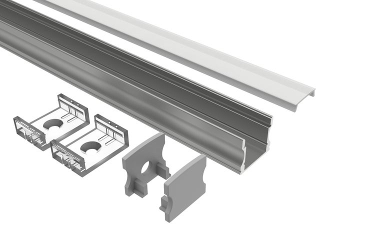 TIVENDIS Led Alu Profil 2 m AH Komplett Set für Strip / Streifen bis 12 mm breit | Abdeckung satiniert milchig, Endkappen, Befestigungclips | U-Form Aufputz Deckenleiste Wandprofil eloxiert