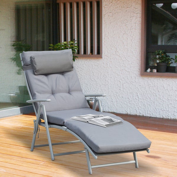 Outsunny Sonnenliege, Strandliege, klappbar, verstellbar, mit Kissen, 137 x 63,5 x 100,5 cm, Metall, Stoff, Grau