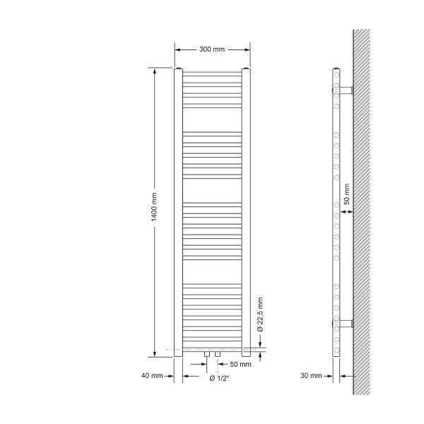 ECD Germany Badheizkörper Mittelanschluss 300 x 1400 mm Weiß gerade mit Thermostat und Anschlussgarnitur Durchgang Boden Weiß - Heizkörper Heizung Handtuchwärmer Handtuchtrockner Handtuchheizkörper