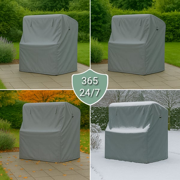 Graue Schutzhülle für einen Strandkorb im Garten bei Sonne, im Herbst und im Schnee mit einem Symbol für ganzjährigen Schutz.
