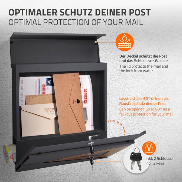 ECD Germany Standbriefkasten mit Zeitungsfach, Design Briefkasten mit Pfosten, Briefkastenanlage, Briefkastenständer 120 cm Anthrazit Edelstahl, Postkasten 37x36,5 cm Anthrazit Natur Eicheoptik Stahl