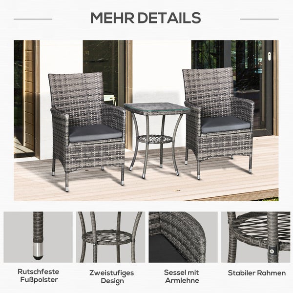 Outsunny 3-tlg. Gartenmöbel-Set, B60 x T58,5 x H89,5 cm, Metall, PE-Rattan, Polyester, Schaumstoff, grau