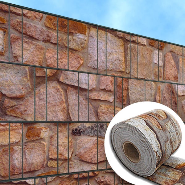 Doppelstabmattenzaun mit Sichtschutzstreifen in Steinoptik