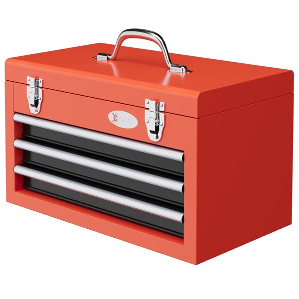 DURHAND Werkzeugkiste leer, 45 x 24 x 27 cm Werkzeugkasten mit 3 Schubladen, oberes Staufach, Handgriff, Werkzeugkoffer mit 2 Schloss, Stahl, Rot