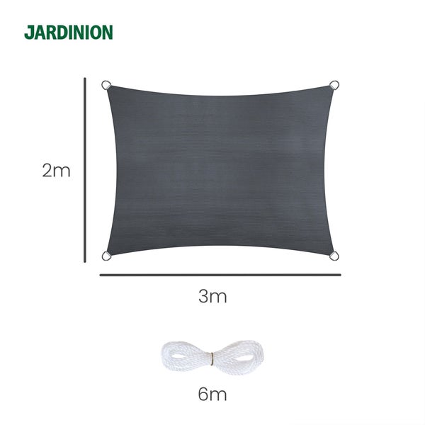 Jardinion Logo. Rechteckiges Sonnensegel, 2 Meter mal 3 Meter, inklusive 6 Meter Seil und Befestigungsringen.