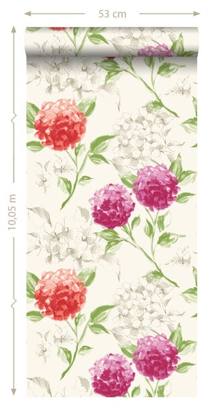 Tapetenrolle mit Hortensienmuster, 53 cm breit und 10,05 m lang